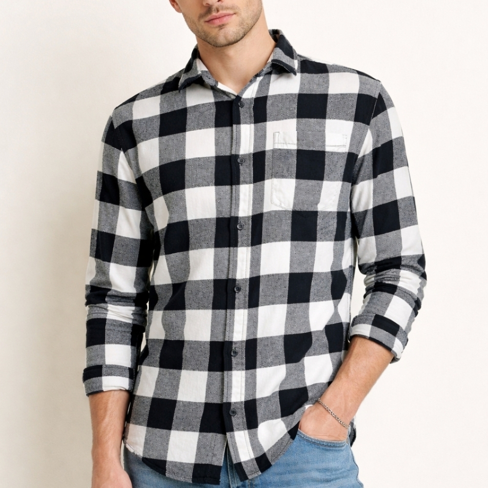 Forever 21 Men Flannel Shirt Medium Black White Buffalo Plaid Check Grunge Top